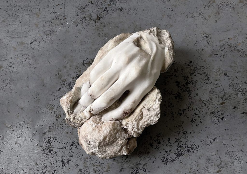 Sofie Muller, Hand In Alabaster With Red Crystal, 2020, alabaster, 30 x 20 x 15 cm