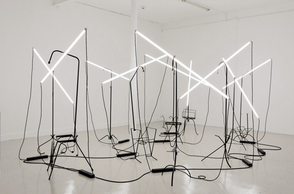 Bill Culbert Central Station, 2001; Metal lamp-stands, fluorescent tubes, electrical cable; dimensions variable (tubes 153cm)