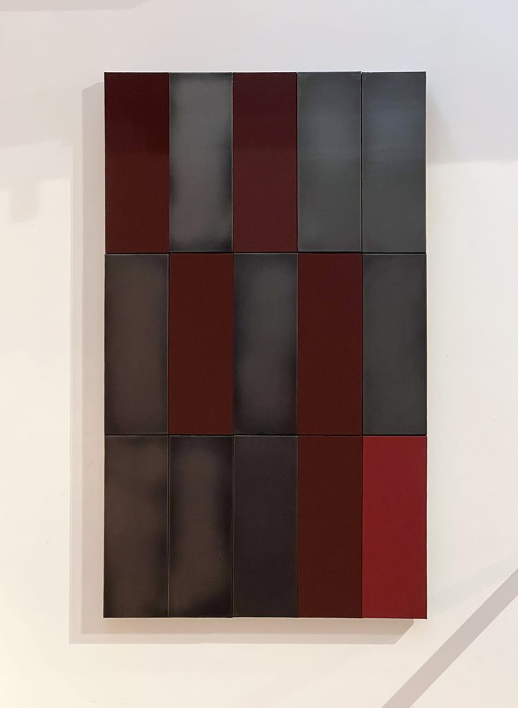 Untitled, 2022, polished granite and acrylic on linen on wooden panels, 102 x 60 x 4cm