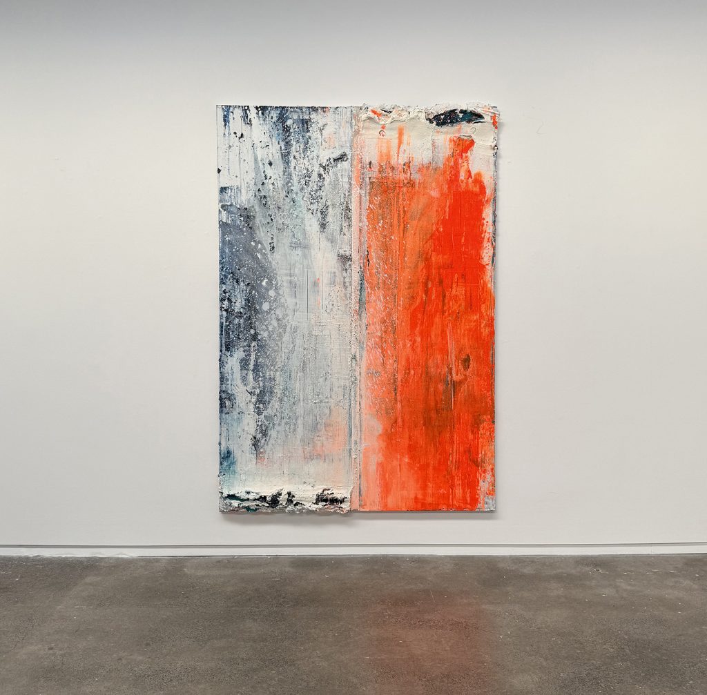 Koen Delaere, White Noise Rainbow, 2025, PIGMENTS, INK, ACRYLIC MEDIUM, OIL PAINT MEDIUM ON CANVAS, 250 x 175 x 4 cm