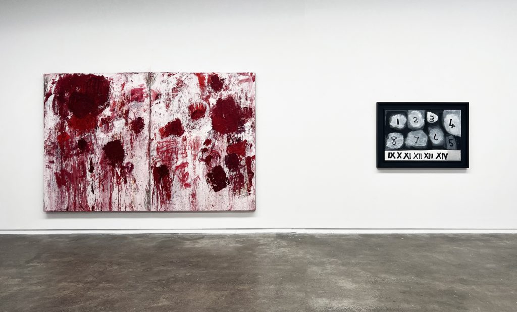 Double Violetta, 2024, oil on Belgian linen, 200 x 306 cm &  Colin McCahon Rocks in the sky, series 1, no. 3, 1976  synthetic polymer paint on paper, 72.3 x 109.5 cm © Colin McCahon Trust, Private Collection
