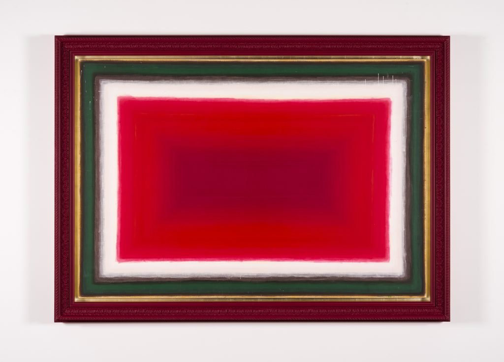 initiation of intuition , 2020 - 2026
synthetic polymer, marble dust, copper leaf,
24ct gold leaf, 12ct white gold leaf on linen,
composition and wood
157 x 216.7 x 12.5 cm