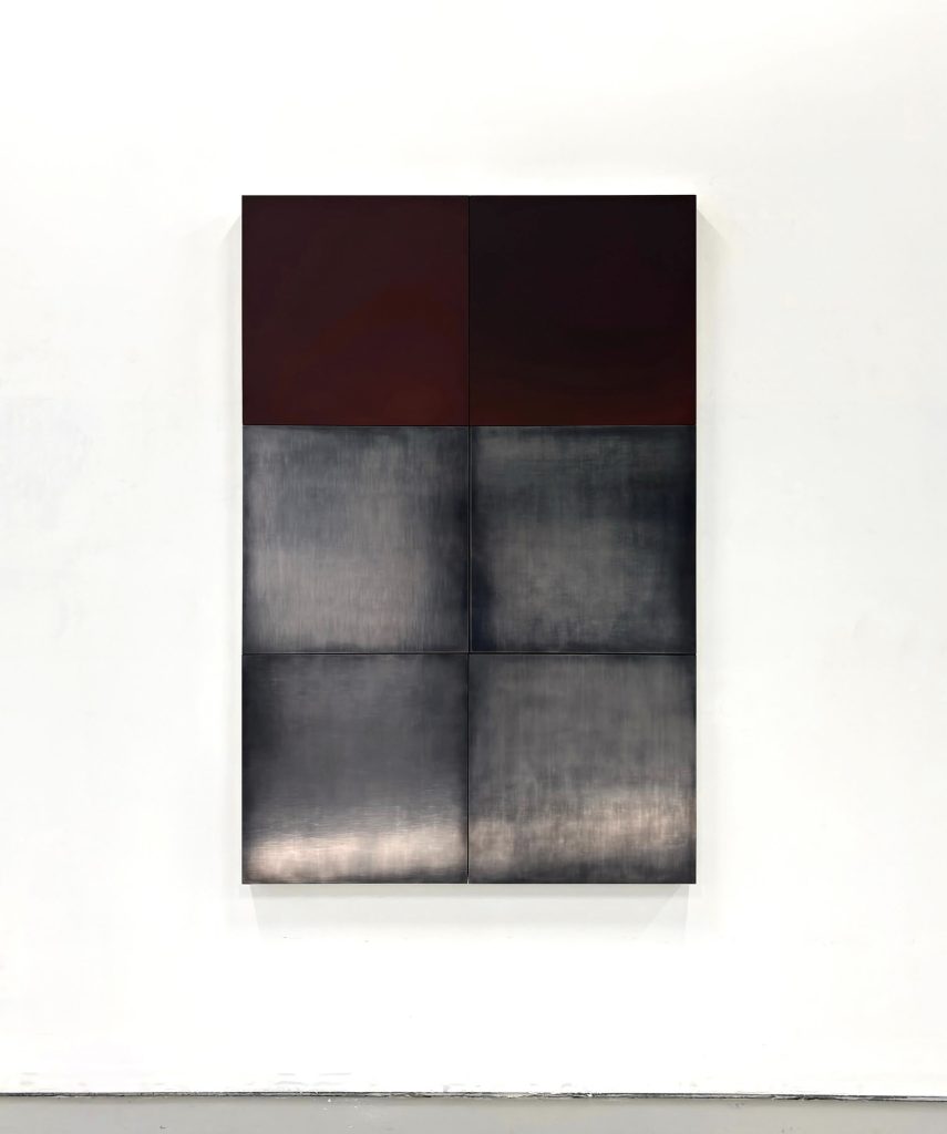 Alizarin Dark Double Stack, 2025, acrylic and polished graphite on linen, 165 x 110 cm